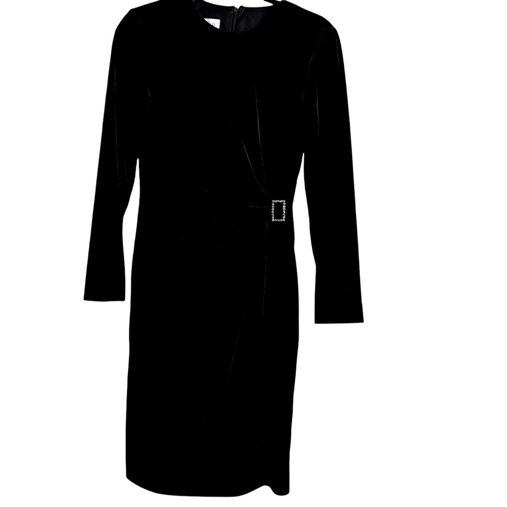 David Warren NY Vintage Black Velvet Cocktail Dress Faux Diamond Side Broac 6